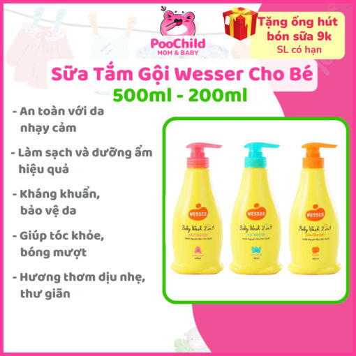 Sữa tắm gội Wesser 2 in 1 500ml 200ml cho bé thành phần thiên nhiên an toàn cho em bé