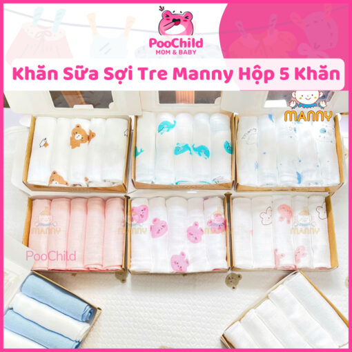 Khăn sữa sợi tre lụa Manny cho bé hộp 5 khăn, khăn sữa cho bé sơ sinh 30x30cm 100% sợi tre organic