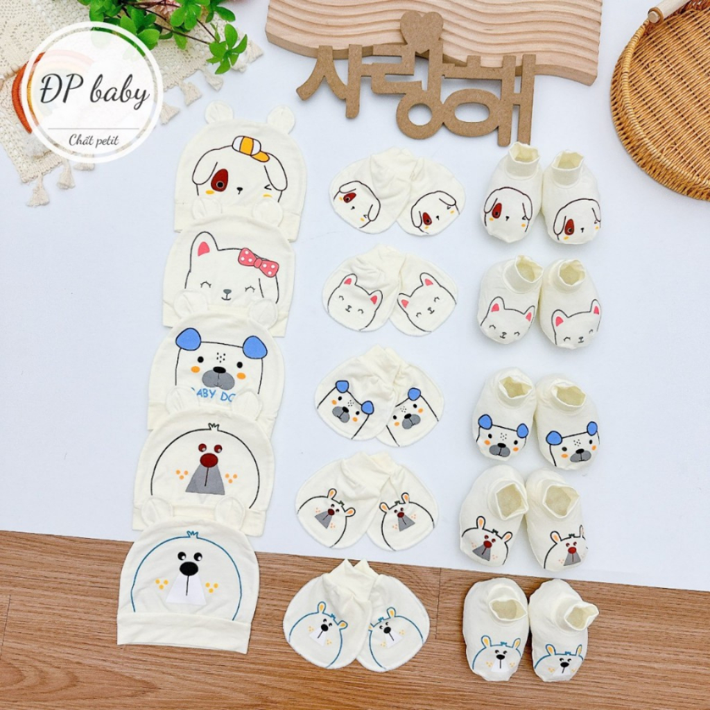 Set mũ bao tay bao chân cho bé sơ sinh chất liệu Petit nền kem họa tiết thú siêu mềm mát ĐP Baby - Hình ảnh 4