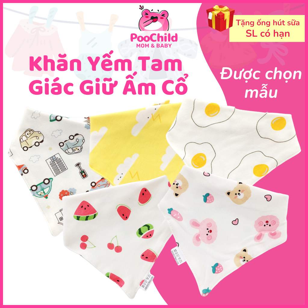 Khăn yếm tam giác cho bé vải cotton giữ ấm cổ yếm cổ thấm nước bọt có nút bấm nhiều mẫu bé trai gái