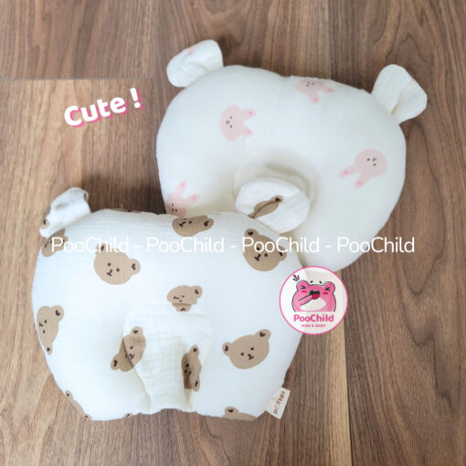 Gối cho bé sơ sinh chống bẹp đầu PooChild, gối lõm chống méo đầu, xô muslin, gối nằm em bé tai thỏ - Hình ảnh 7