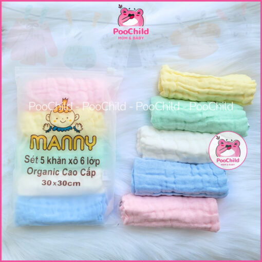 Khăn Sữa Xô 6 Lớp Manny cho bé set 5 khăn siêu mềm, khăn sữa cho bé sơ sinh 30x30cm organic thấm hút - Hình ảnh 3