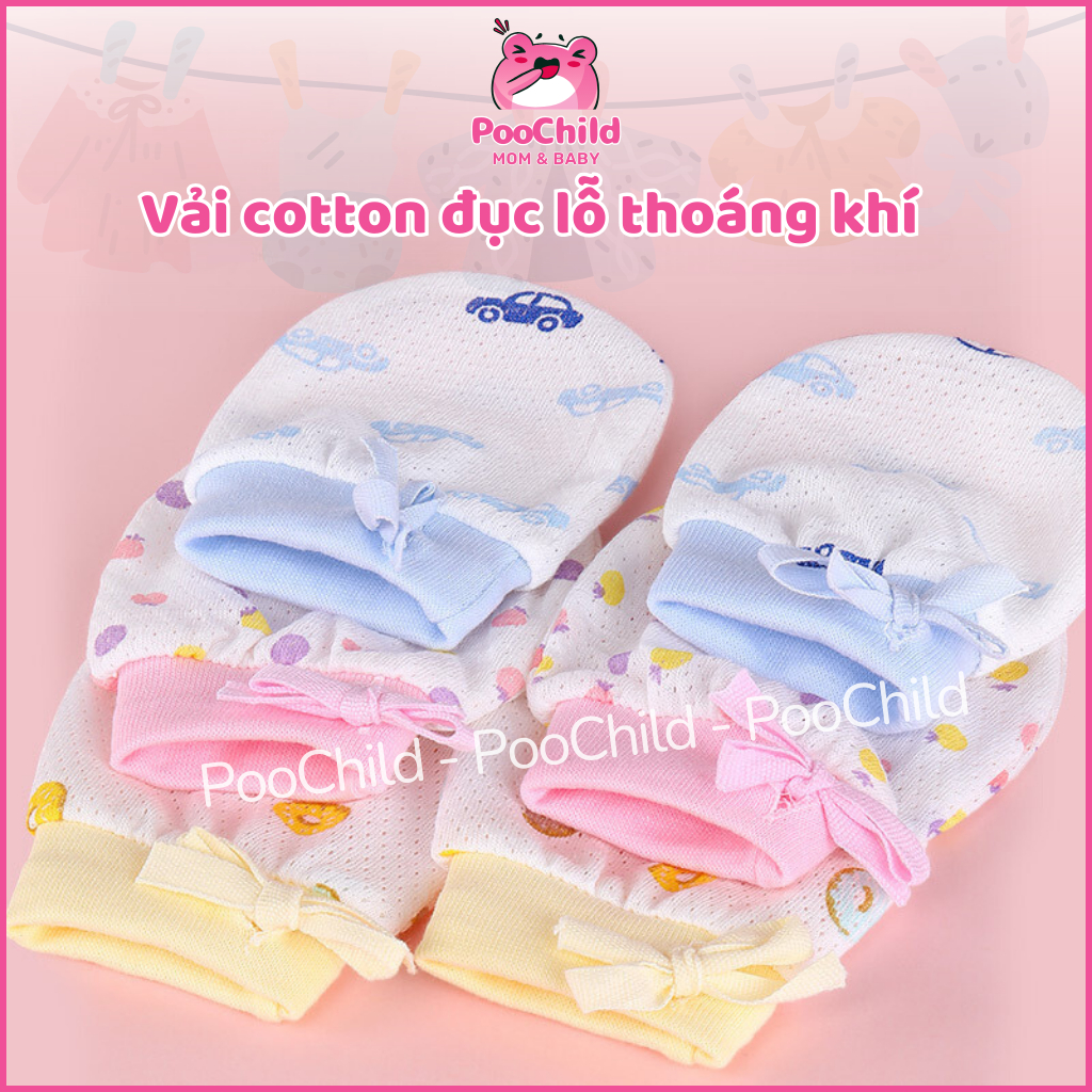 Bao tay cho bé sơ sinh đến 2 tuổi PooChild, bao tay cotton có lỗ thoáng khí dây rút chống cào - Hình ảnh 3