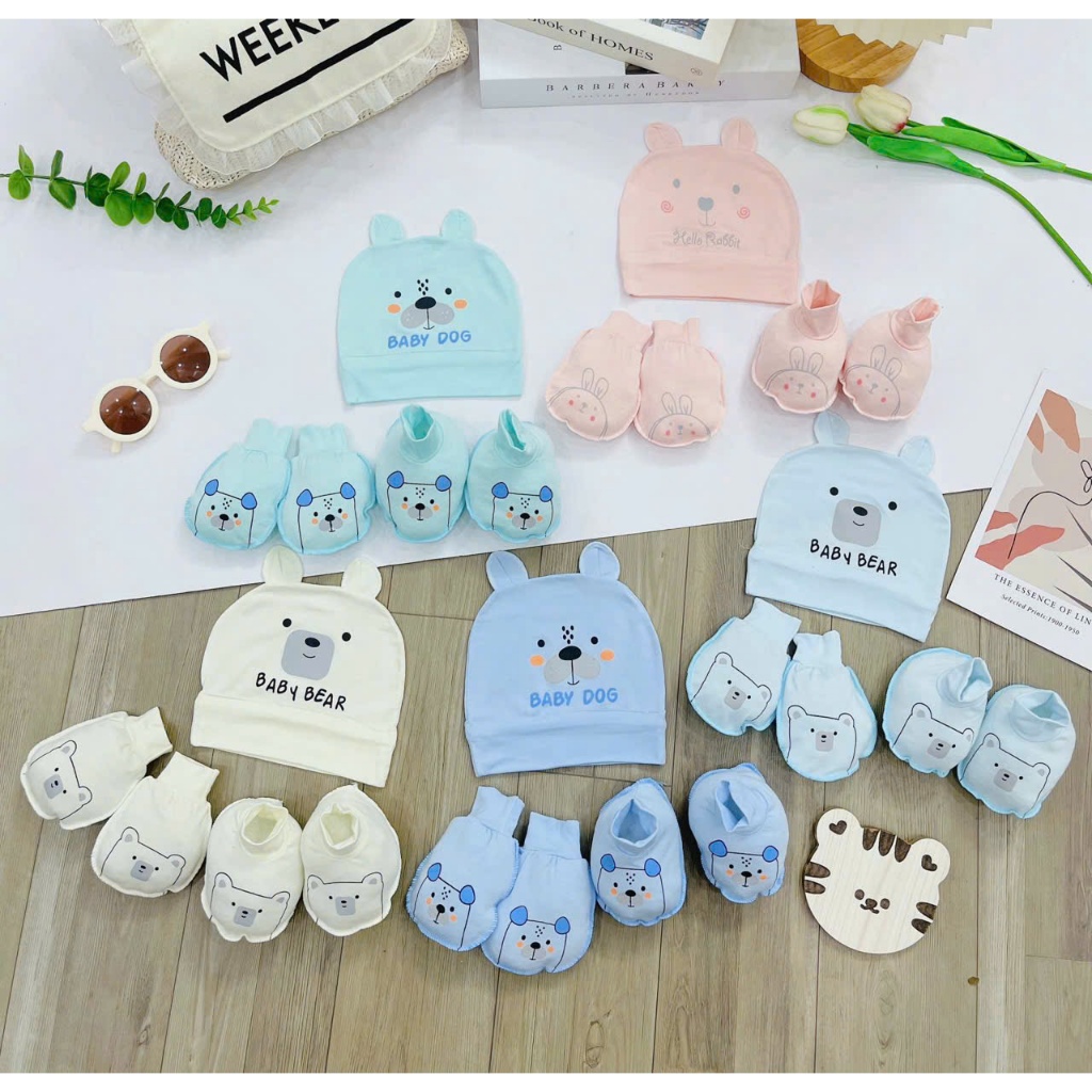 Set mũ bao tay bao chân cho bé sơ sinh chất liệu Petit nền kem họa tiết thú siêu mềm mát LP-03 - Hình ảnh 3