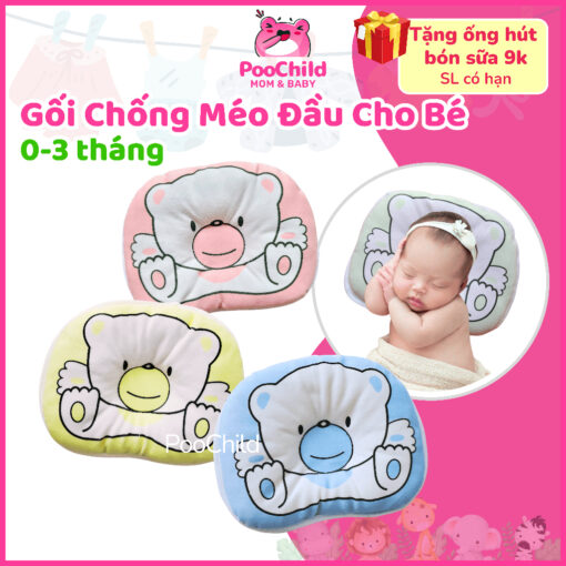 Gối chống bẹp đầu cho bé sơ sinh 0-3 PooChild, gối lõm chống méo đầu trẻ nhỏ, gối nằm em bé hình gấu