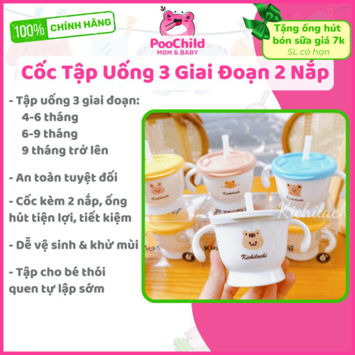Cốc tập uống nước cho bé Kichilachi 3 giai đoạn 2 nắp, cốc tập hút cho bé Kichi ống hút silicone