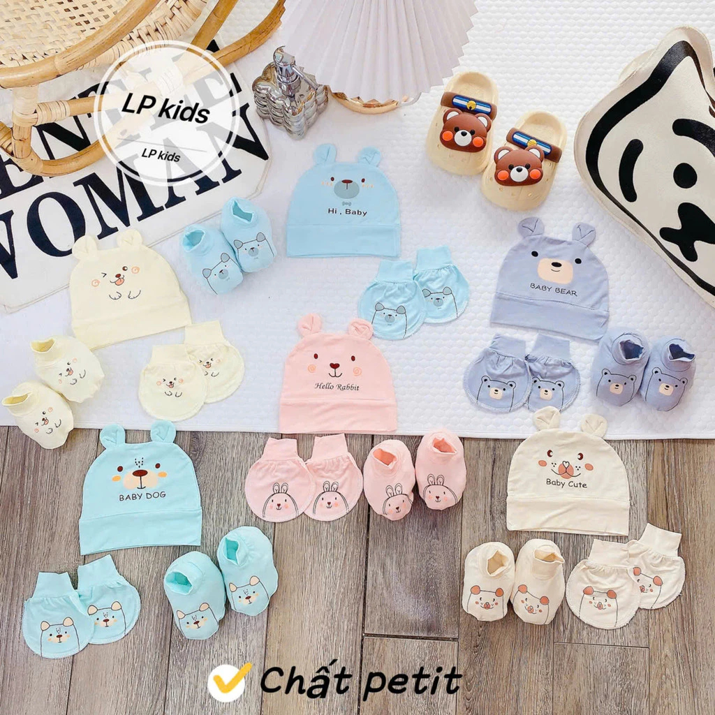 Set mũ bao tay bao chân cho bé sơ sinh chất liệu Petit nền kem họa tiết thú siêu mềm mát LP-03 - Hình ảnh 2