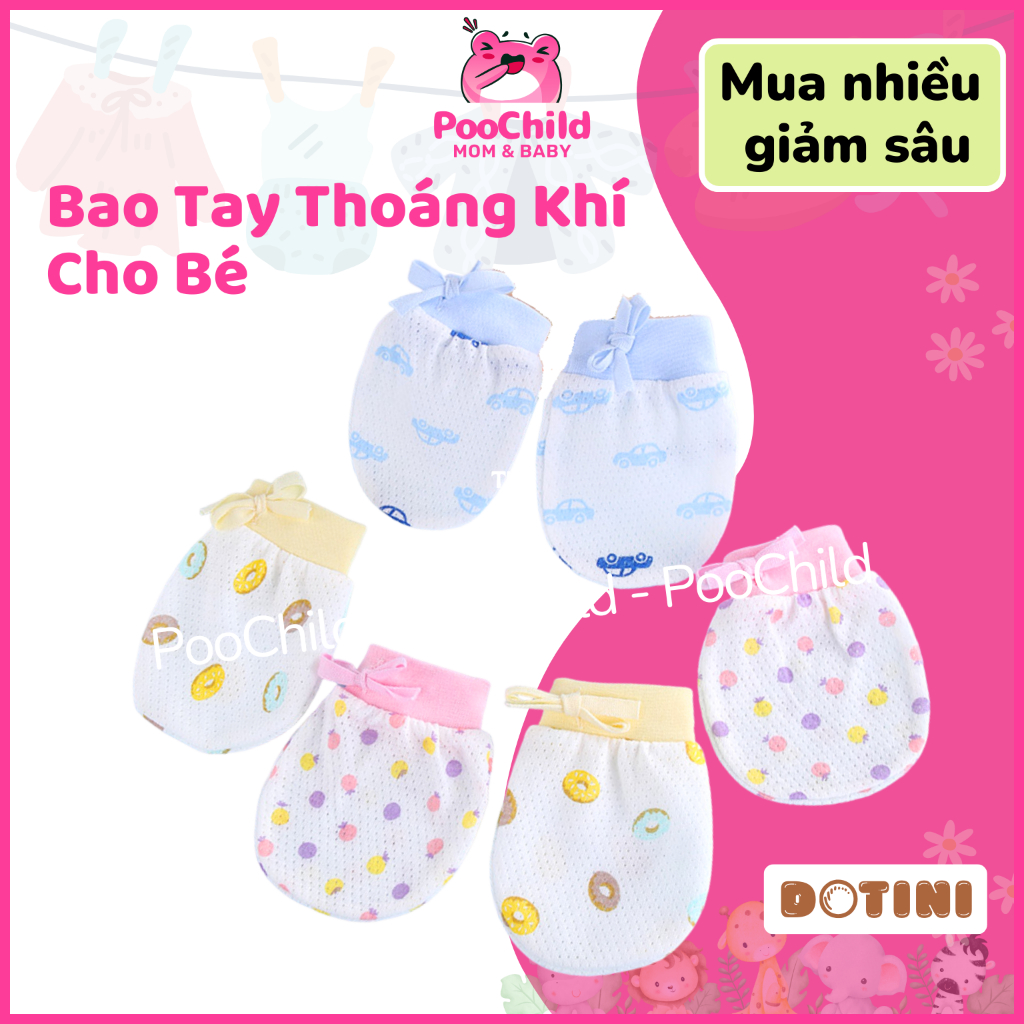 Bao tay cho bé sơ sinh đến 2 tuổi PooChild, bao tay cotton có lỗ thoáng khí dây rút chống cào