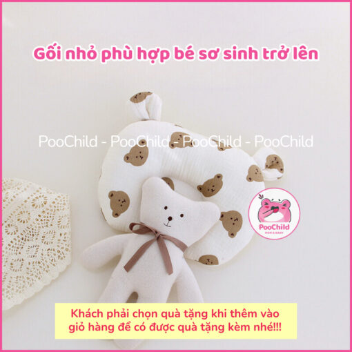 Gối cho bé sơ sinh chống bẹp đầu PooChild, gối lõm chống méo đầu, xô muslin, gối nằm em bé tai thỏ - Hình ảnh 4