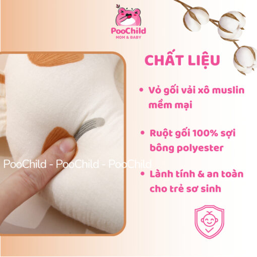 Gối cho bé sơ sinh chống bẹp đầu PooChild, gối lõm chống méo đầu, xô muslin, gối nằm em bé tai thỏ - Hình ảnh 3