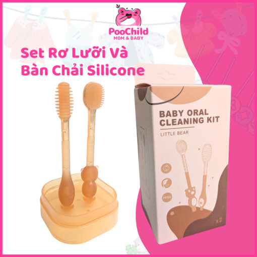 Rơ lưỡi và bàn chải đánh răng silicon cho bé vệ sinh răng miệng có cốc đựng nắp đậy 0-18 tháng tuổi