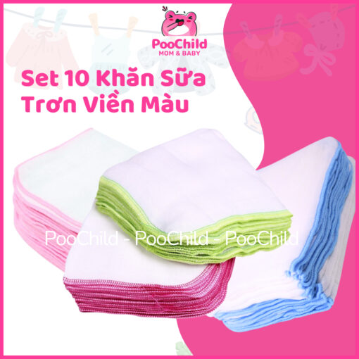 Khăn sữa cho bé, khăn gạc Nhật trắng trơn viền màu cho bé sơ sinh 3 lớp, 4 lớp set 10 cái Kim Ngân