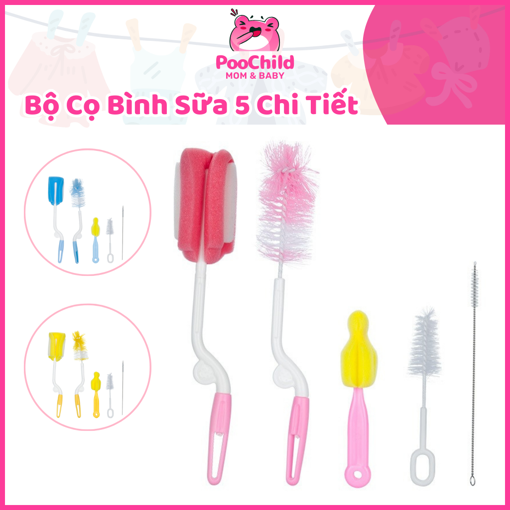 Bộ cọ rửa bình sữa 5 chi tiết, bộ rửa bình sữa núm ti mút xoay 360 độ vệ sinh bình sữa cho bé