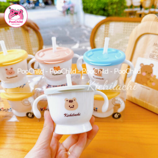 Cốc tập uống nước cho bé Kichilachi 3 giai đoạn 2 nắp, cốc tập hút cho bé Kichi ống hút silicone - Hình ảnh 5