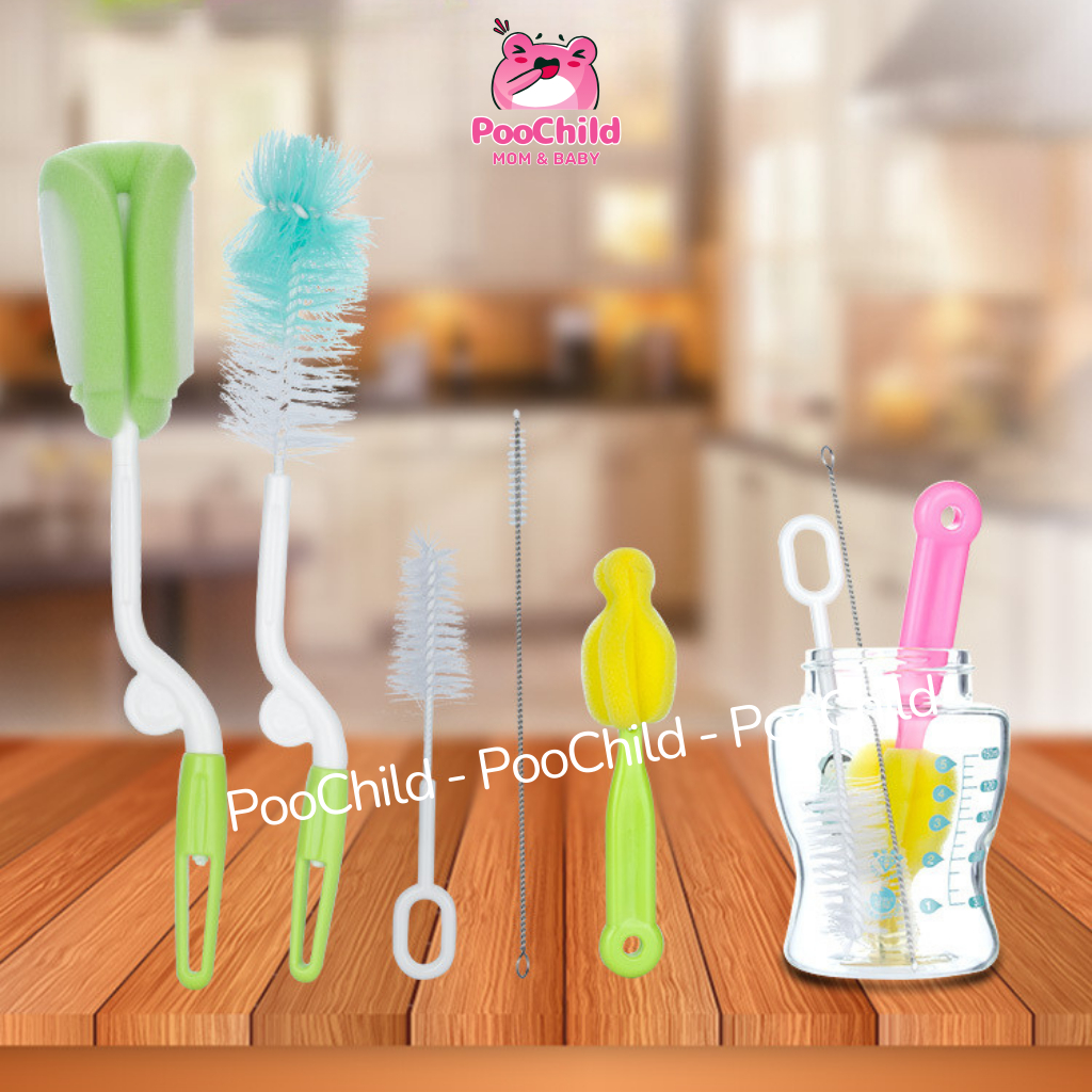 Bộ cọ rửa bình sữa 5 chi tiết, bộ rửa bình sữa núm ti mút xoay 360 độ vệ sinh bình sữa cho bé - Hình ảnh 2