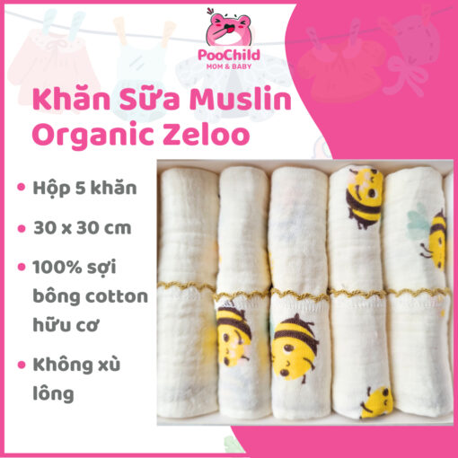 Khăn sữa Muslin Organic Zeloo hộp 5 khăn 30x30cm, khăn sữa cho bé 2 lớp mềm mịn không xù lông