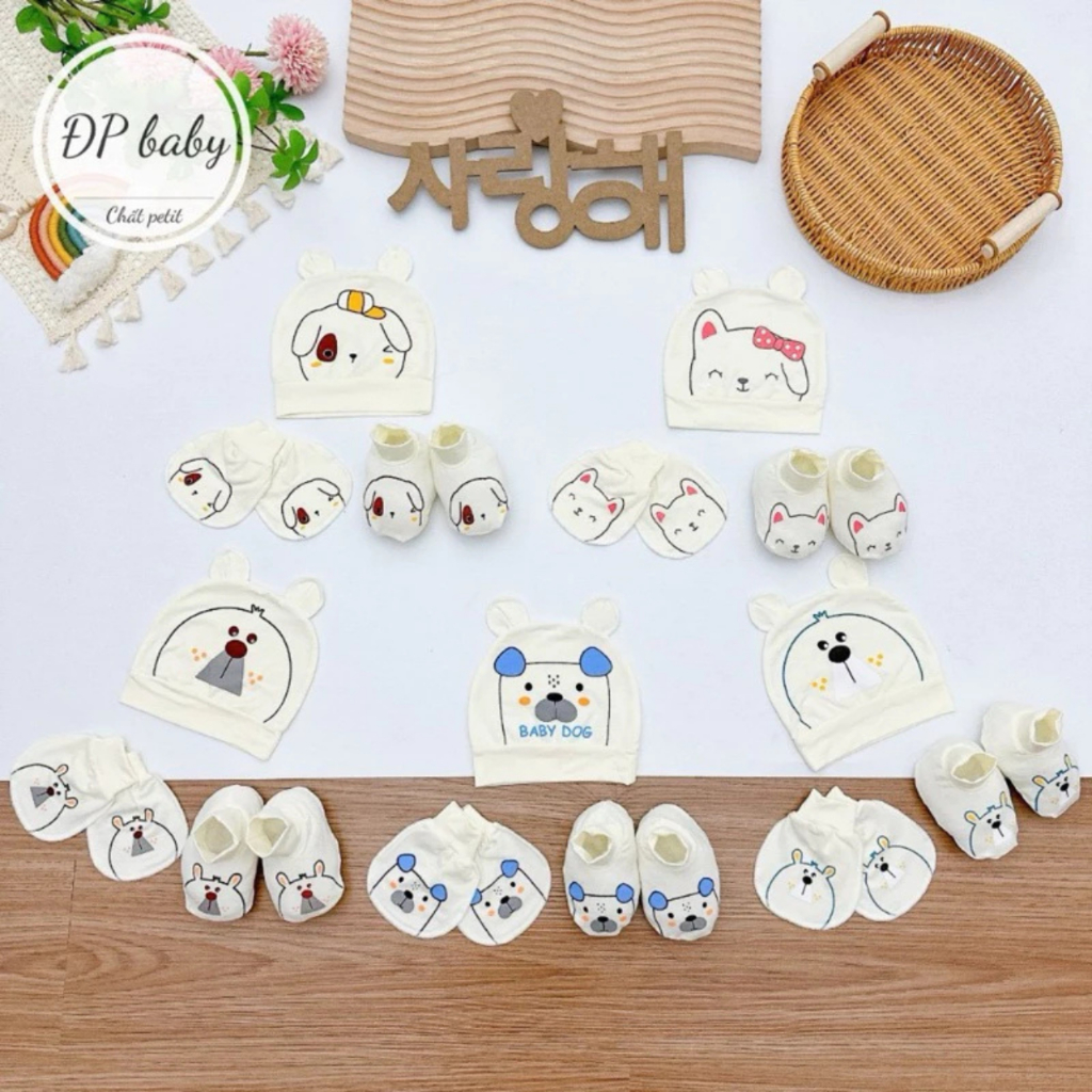 Set mũ bao tay bao chân cho bé sơ sinh chất liệu Petit nền kem họa tiết thú siêu mềm mát ĐP Baby - Hình ảnh 5