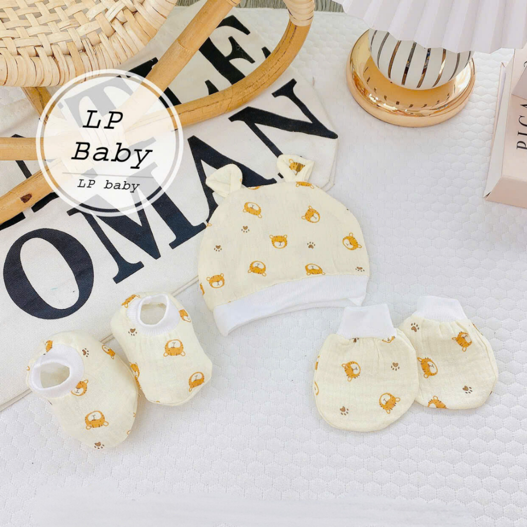 Set mũ bao tay bao chân cho bé sơ sinh chất liệu Muslin họa tiết xinh xắn siêu mềm viền bo LP Baby - Hình ảnh 6