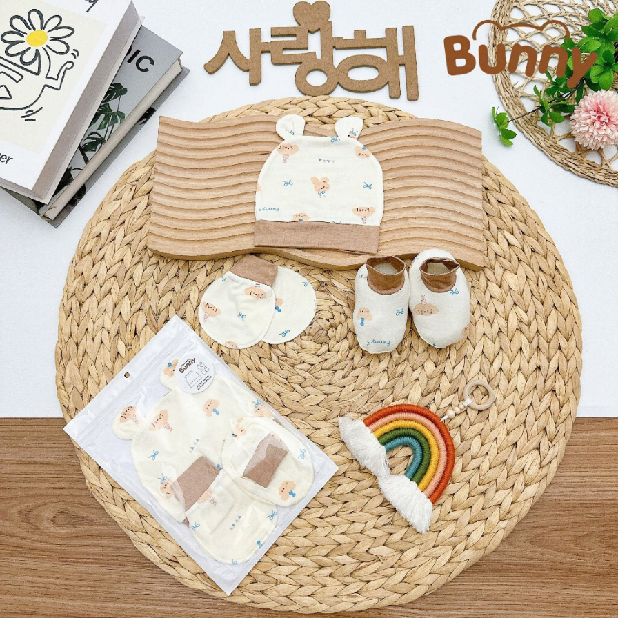 Set mũ bao tay bao chân cho bé sơ sinh Bunny chất liệu petit nền kem xinh xắn mềm mát co dãn cực tốt - Hình ảnh 9