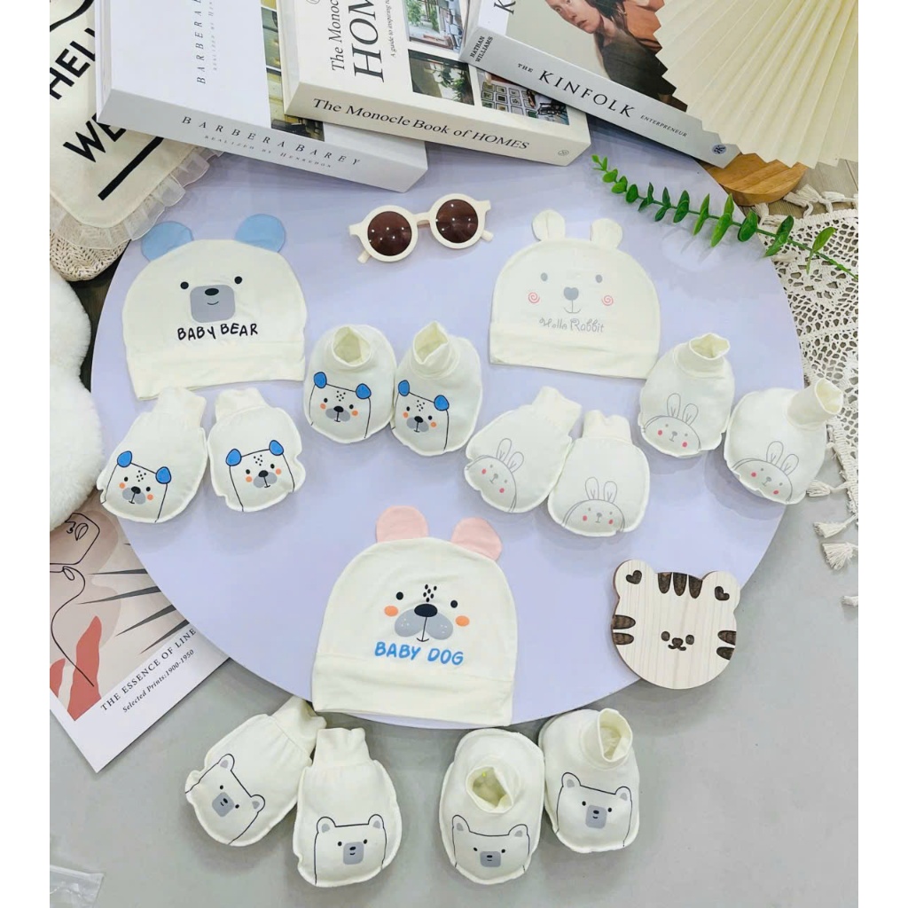 Set mũ bao tay bao chân cho bé sơ sinh chất liệu Petit nền kem họa tiết thú siêu mềm mát LP-03 - Hình ảnh 4