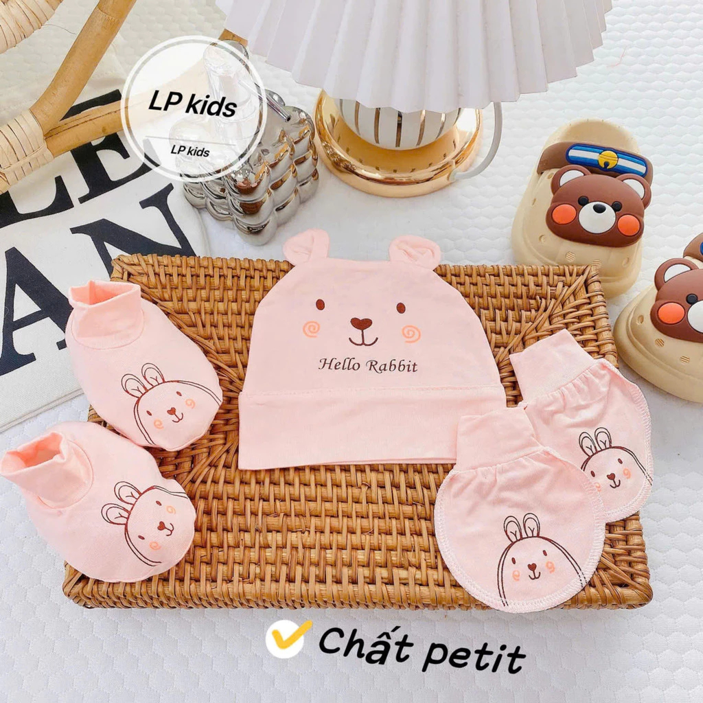 Set mũ bao tay bao chân cho bé sơ sinh chất liệu Petit nền kem họa tiết thú siêu mềm mát LP-03 - Hình ảnh 9