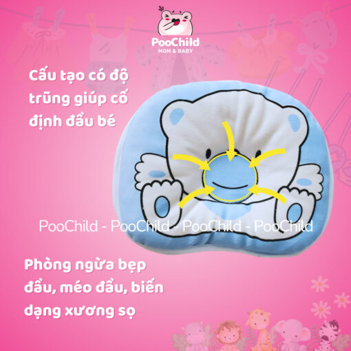 Gối chống bẹp đầu cho bé sơ sinh 0-3 PooChild, gối lõm chống méo đầu trẻ nhỏ, gối nằm em bé hình gấu - Hình ảnh 3