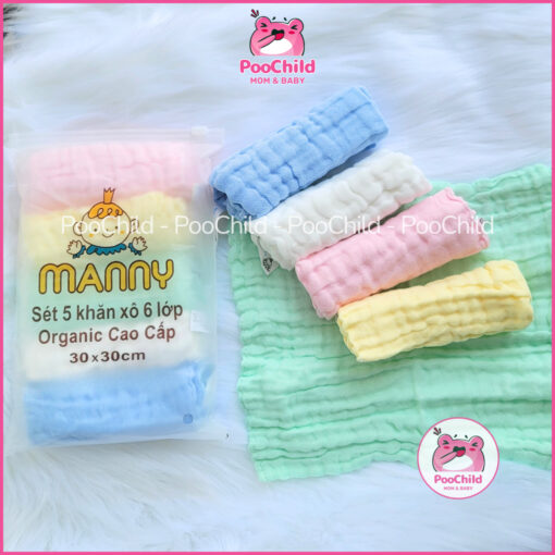 Khăn Sữa Xô 6 Lớp Manny cho bé set 5 khăn siêu mềm, khăn sữa cho bé sơ sinh 30x30cm organic thấm hút - Hình ảnh 2