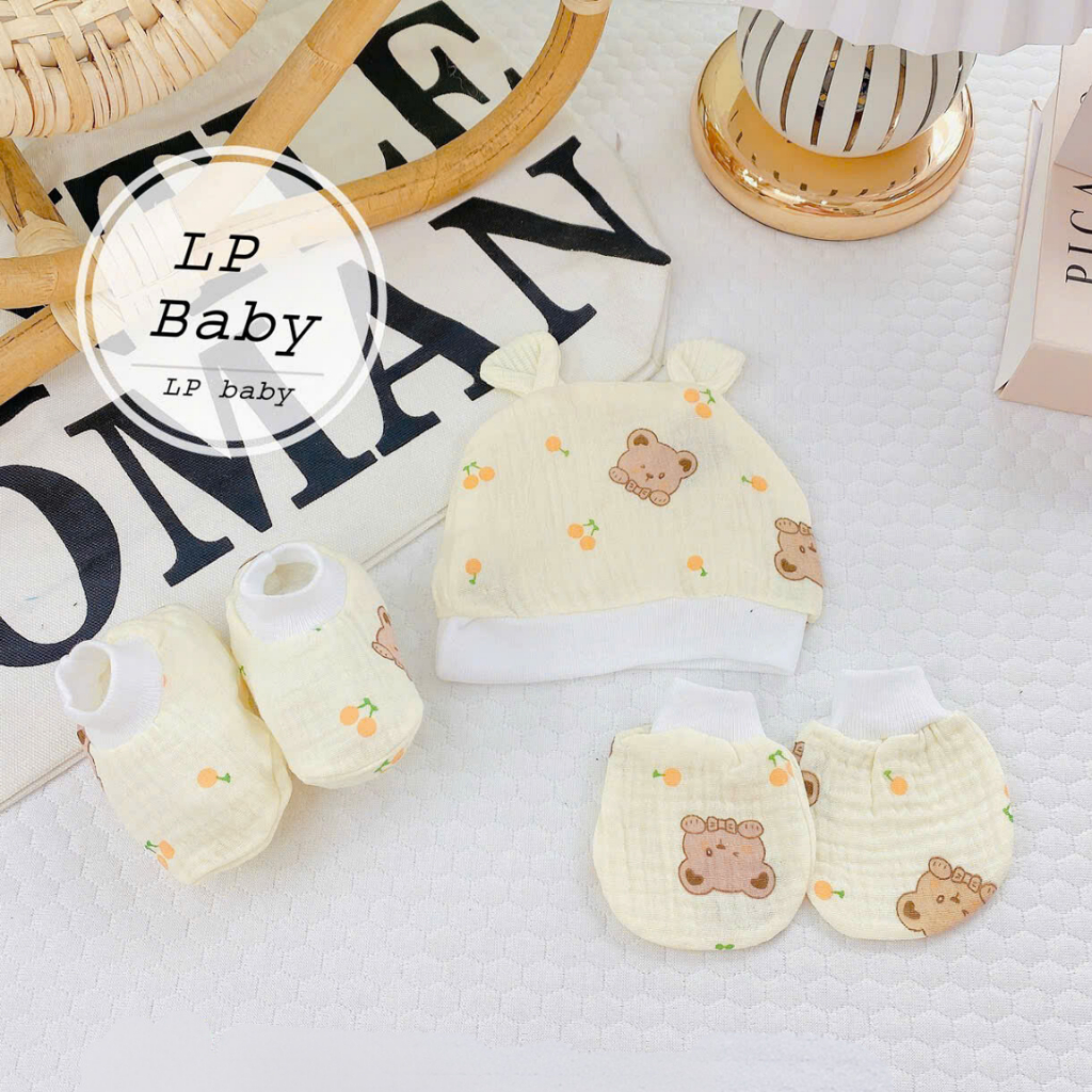 Set mũ bao tay bao chân cho bé sơ sinh chất liệu Muslin họa tiết xinh xắn siêu mềm viền bo LP Baby - Hình ảnh 9