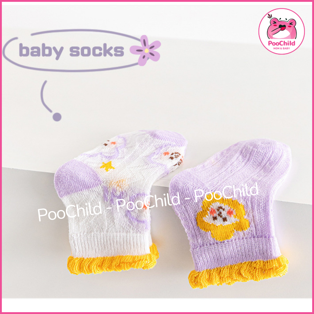 Set 5 Đôi Vớ Bé PooChild Size S 9cm 0-1 Tuổi Cotton Mềm Mại Hè Mát Màu Hồng Tím Phong Cách Hàn Quốc - Hình ảnh 7