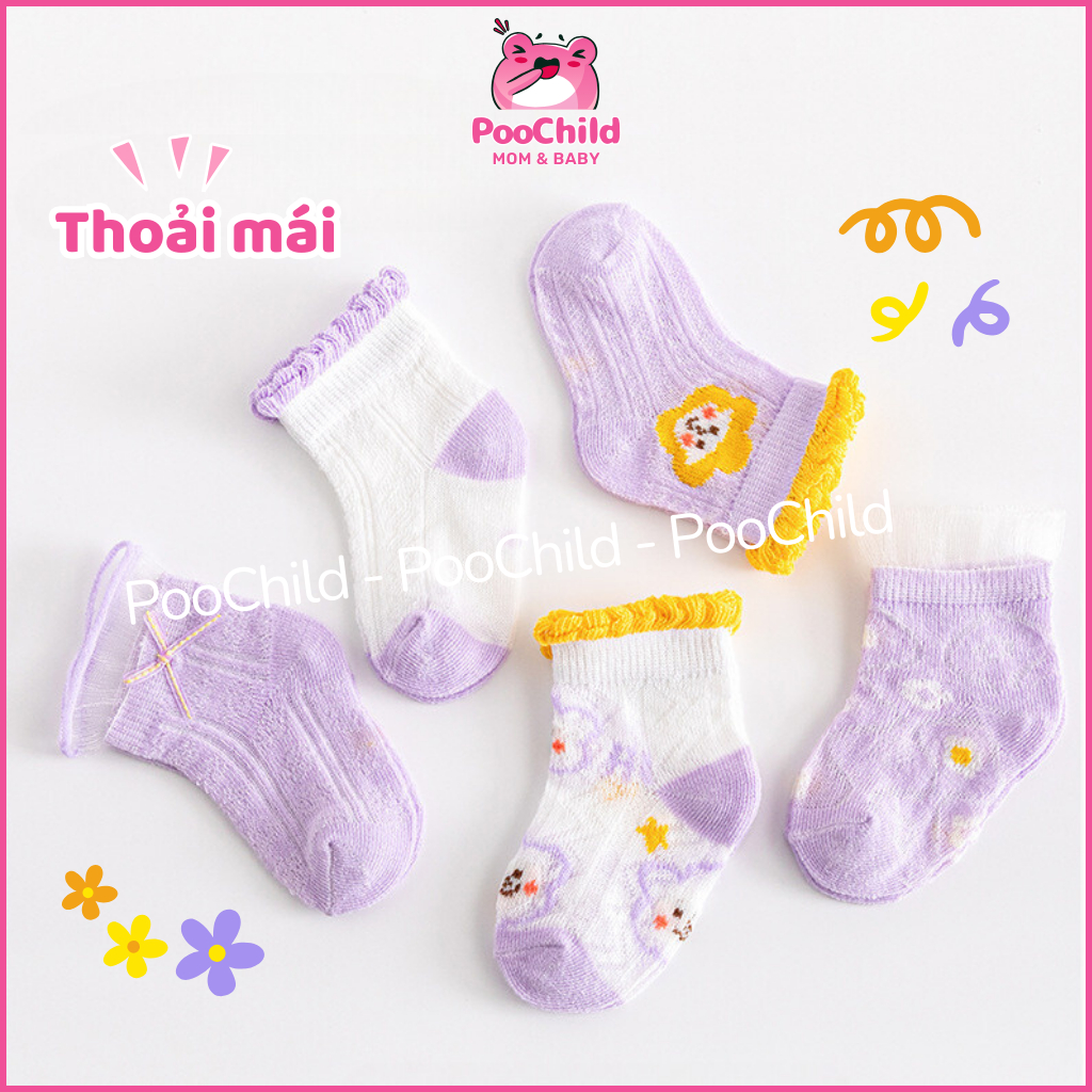Set 5 Đôi Vớ Bé PooChild Size S 9cm 0-1 Tuổi Cotton Mềm Mại Hè Mát Màu Hồng Tím Phong Cách Hàn Quốc - Hình ảnh 3