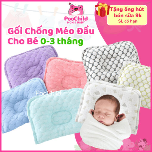 Gối lõm chống bẹp đầu cho bé sơ sinh 0-3 tháng PooChild, gối cho bé sơ sinh chống méo đầu dạng vuông