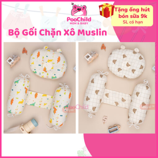 Bộ gối chặn cho bé sơ sinh xô muslin, bộ chặn bông và gối nằm vải xô chống lăn, gối chẹn 2 bên Royal