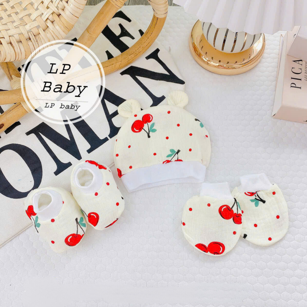 Set mũ bao tay bao chân cho bé sơ sinh chất liệu Muslin họa tiết xinh xắn siêu mềm viền bo LP Baby - Hình ảnh 7