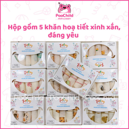 Khăn sữa Muslin Organic Zeloo hộp 5 khăn 30x30cm, khăn sữa cho bé 2 lớp mềm mịn không xù lông - Hình ảnh 7