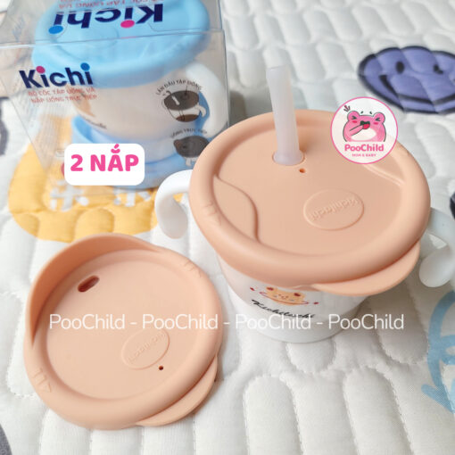 Cốc tập uống nước cho bé Kichilachi 3 giai đoạn 2 nắp, cốc tập hút cho bé Kichi ống hút silicone - Hình ảnh 9