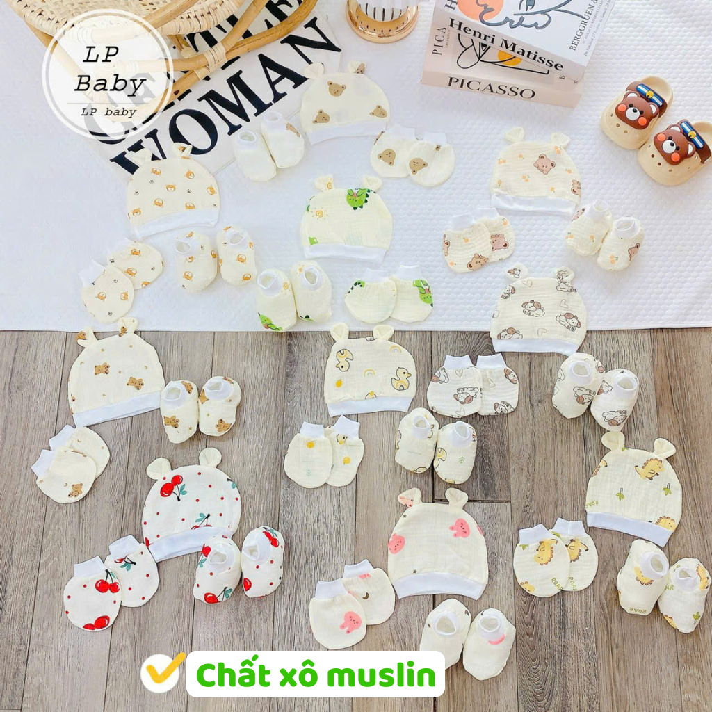 Set mũ bao tay bao chân cho bé sơ sinh chất liệu Muslin họa tiết xinh xắn siêu mềm viền bo LP Baby - Hình ảnh 2