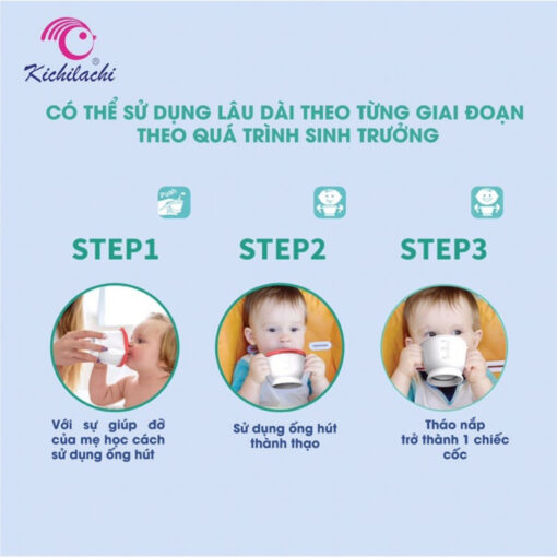 Cốc tập uống nước cho bé Kichilachi 3 giai đoạn 2 nắp, cốc tập hút cho bé Kichi ống hút silicone - Hình ảnh 4