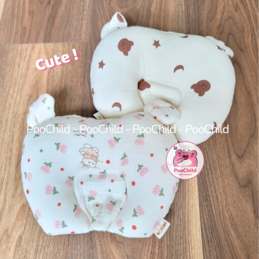 Gối cho bé sơ sinh chống bẹp đầu PooChild, gối lõm chống méo đầu, xô muslin, gối nằm em bé tai thỏ - Hình ảnh 8