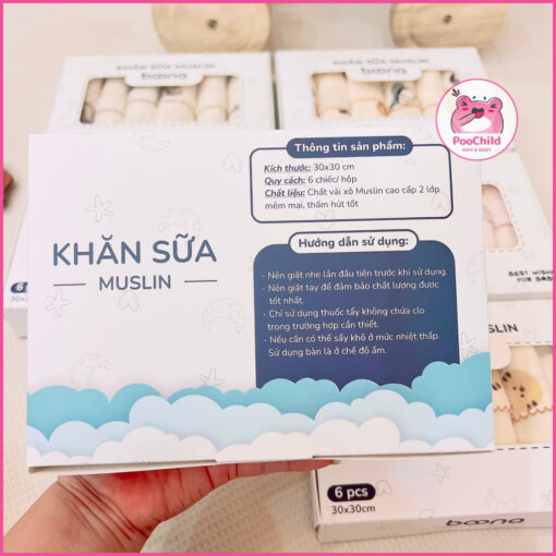 Khăn sữa Muslin Boona 2 lớp cho bé sơ sinh - Hộp 6 khăn mềm mại, không xù lông (30x30cm) - Hình ảnh 7
